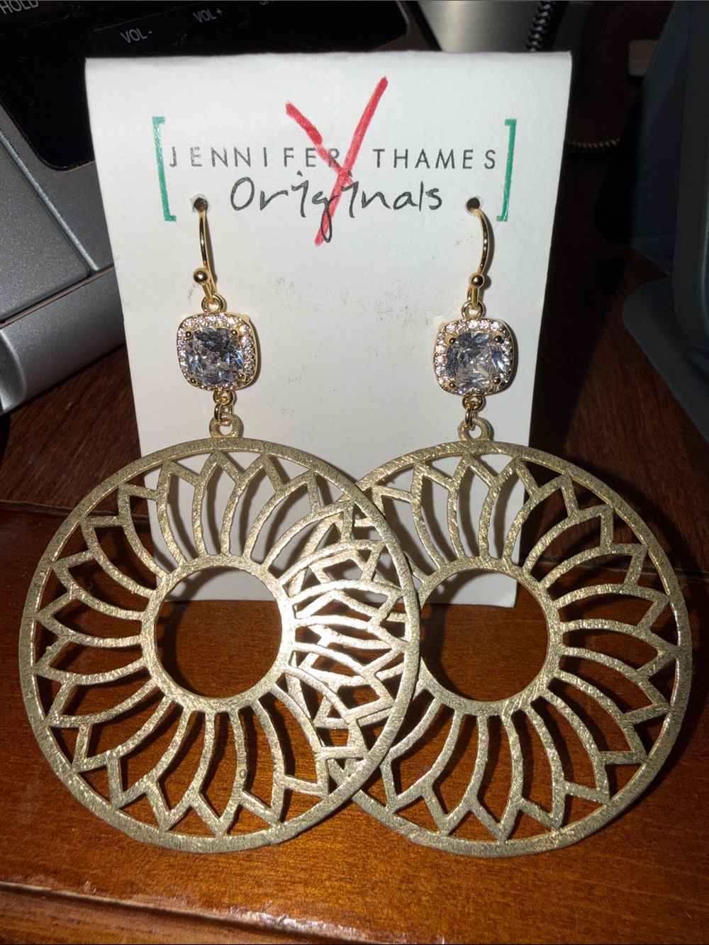 Gold-Tone Filigree Drop Earrings with Crystal Accent